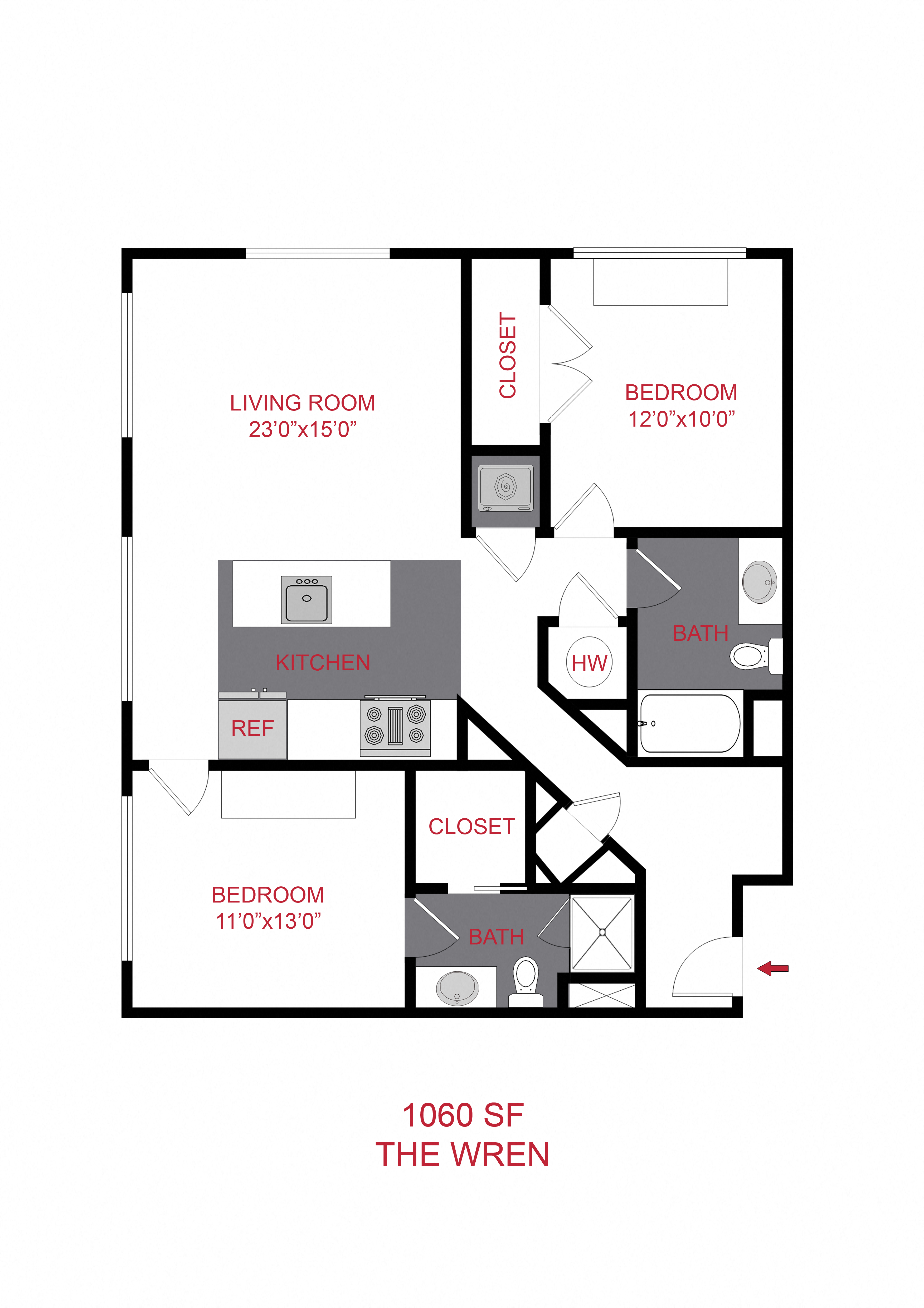 Floor plan for 2 beds, 2 baths, 1060 sqft